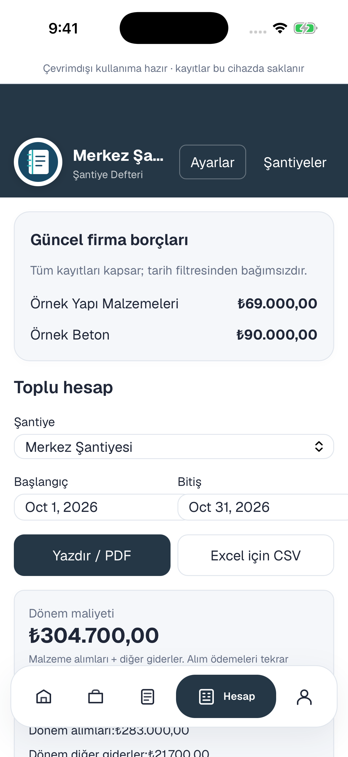 Şantiye Defteri — firma borçları ve toplu hesap ekranı